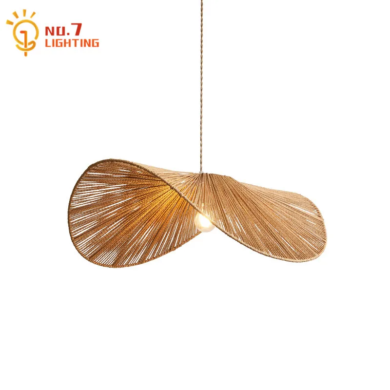 

Japanese Wabi-sabi Hand Knitting Hemp Rope Pendant Light LED E27 Straw Hat Hanging Lamp Bedroom Living/Dining Room Studio Cafe