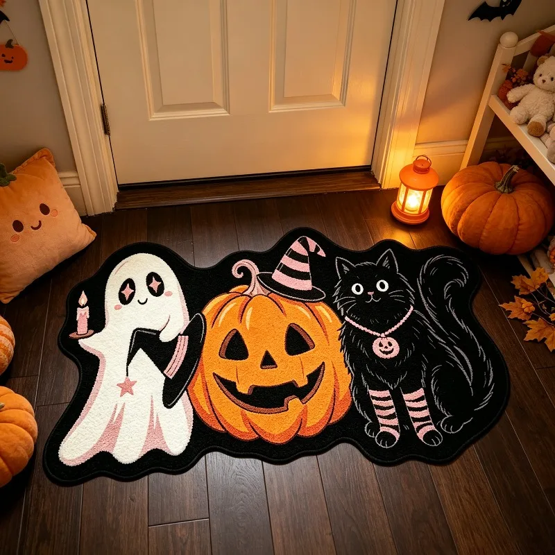 Halloween-Themed Shaped Rug Ghost Pumpkin Black Cat Mats Fun Creative Home Decor Entrance Doormat Bedroom Bedside Carpet