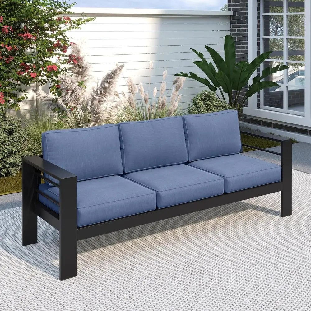

3-Seater Metal Outdoor Sofa with Water-Resistant Cushions, Weather-Resistant Patio Furniture, Black & Blue Cushions