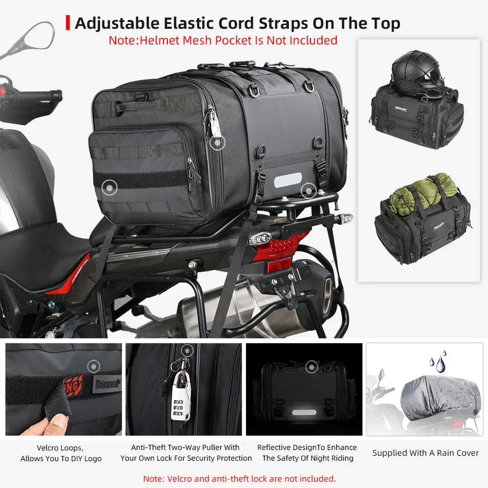 Rhinowalk Motorcycle Tail Bag Waterproof 19L-80L Multifunction Motorcycle Rear Seat Bag High Capacity Motorcycle Bag Raincover
