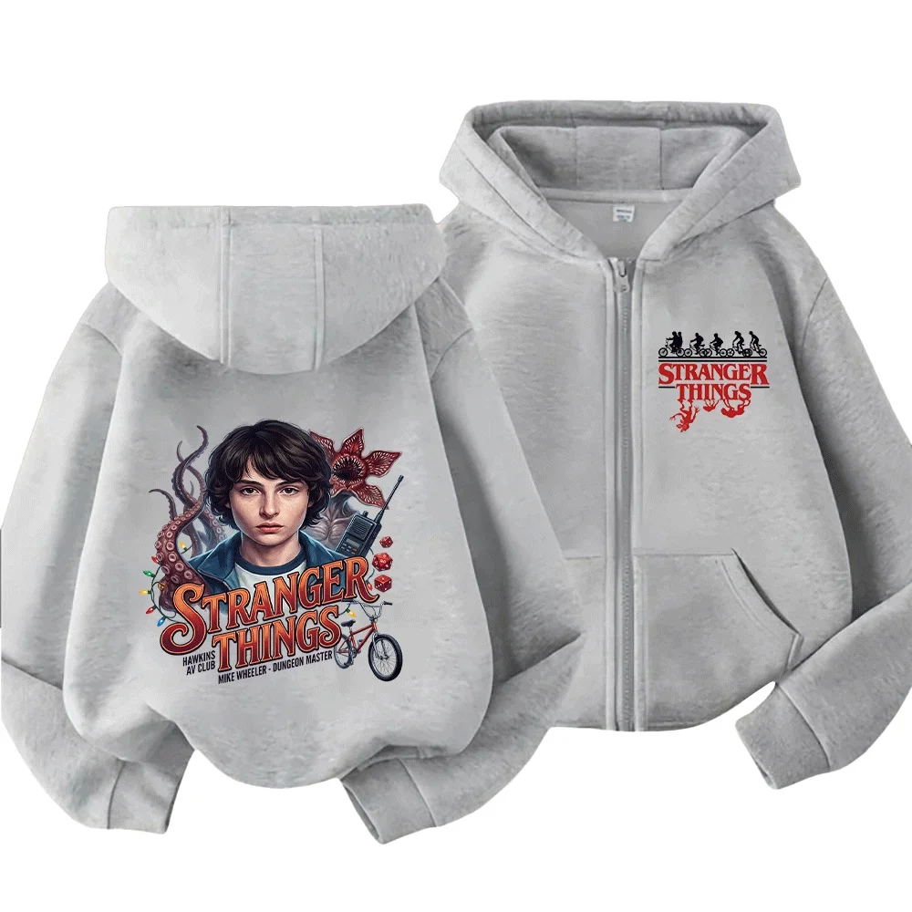 Stranger Things Mike Wheeler Dungeon Master Sudadera con capucha con cremallera para niños y adultos con Demogorgon, tentáculos de pulpo, bicicleta BMX y diseño de dados