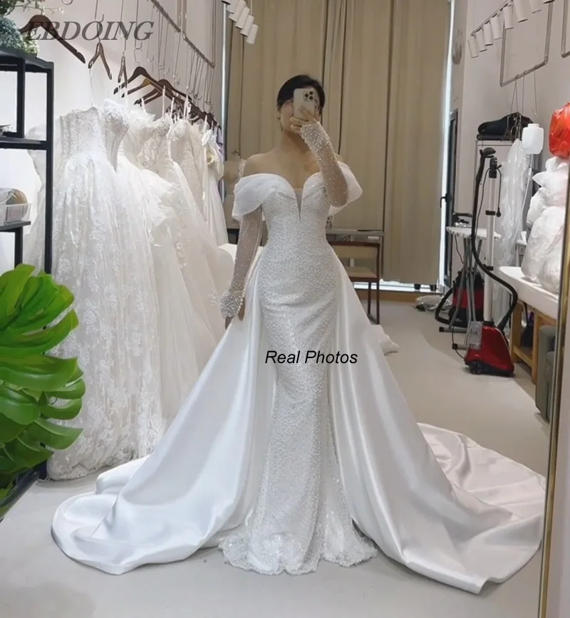 

EBDOING Customized Wedding Dress Mermaid Lace 2 in 1 Sweetheart Neckline With Detachable Train Customized Bride Gown