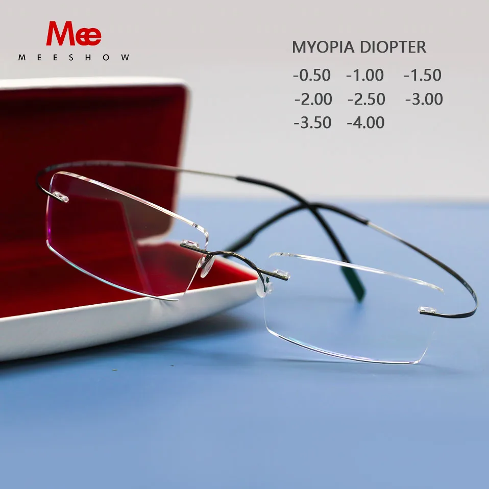 Meeshow Titanium Alloy Myopia Rimless Glasses Frame Memory Eyeglasses Prescription Ultralight Flexible  -50 -500 No Screws 8505J