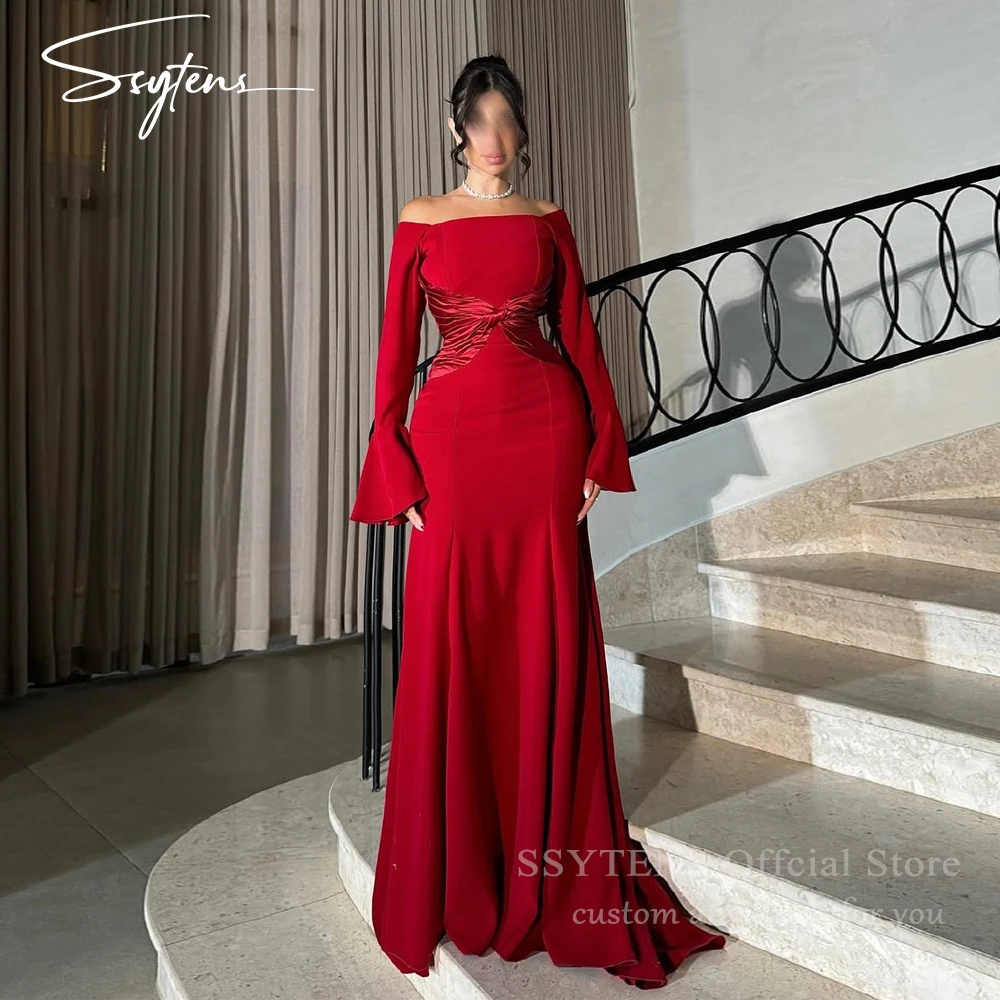 

SSYTENS Red Mermaid Prom Evening Dresses Off Shoulder Flare Cuff Sleeves Party Gowns Saudi Arabic Long Formal Dresses Customized
