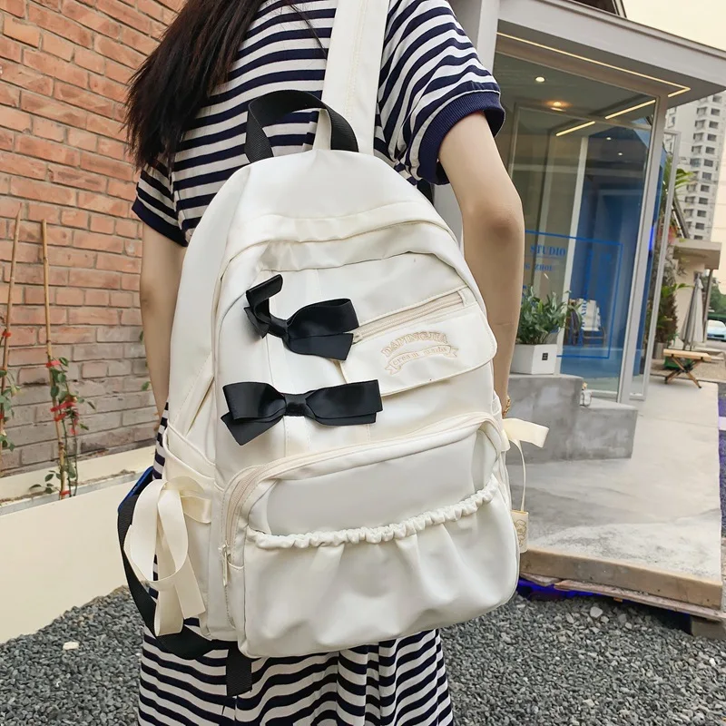 Bow Ruffle Solid Color Backpack Multiple Pockets Zipper Large Capacity Commuting Adjustable Curved Shoulder Strap School Student