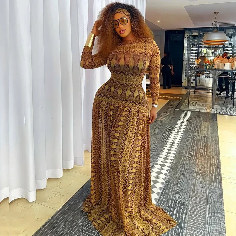 

Bohemian Style Women Autumn Holiday Maxi Dress Geometric Printed Ligh Brown Long Sleeve Dresses See-through Sheer Vestido