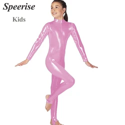 Children Shiny Metallic Spandex Long Sleeve High-necked Dance Suit Stirrup Bodysuits Catsuits Unitards For Gymnastics Leotard