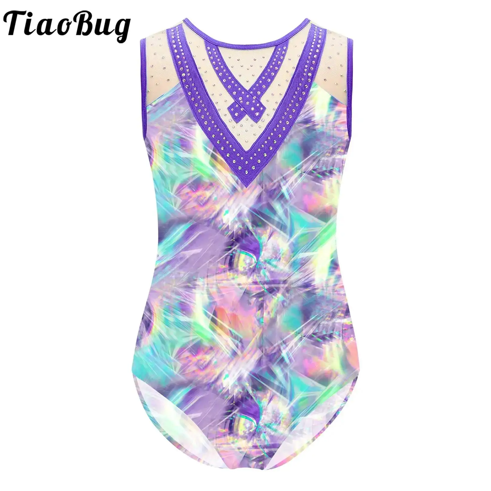 Kids Girls Ballet Dance Rhythmic Gymnastics Leotard Rhinestones Sheer Mesh Print Bodysuit for Figure Skating Yoga Performance