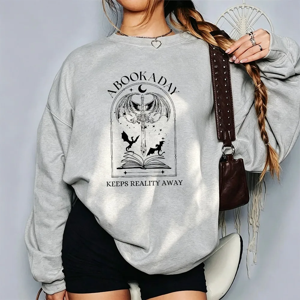 Book A Day Keeps Reality Away Bookish Sweatshirt Sword Dragon Open Book Fall Booktok Gift Fantasy Reader Autumn Crewneck Hoody
