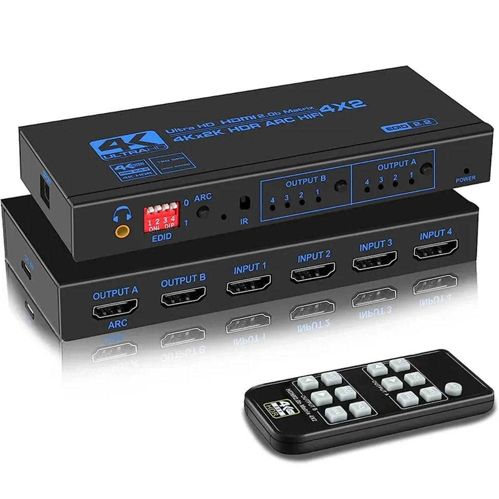 4K 60Hz HDMIMatrix 4x2 with Optical & 3.5mm Stereo Audio Out HDMIMatrix Switcher Splitter 4 In 2 Out Support ARC HDCP 2.2 EDID