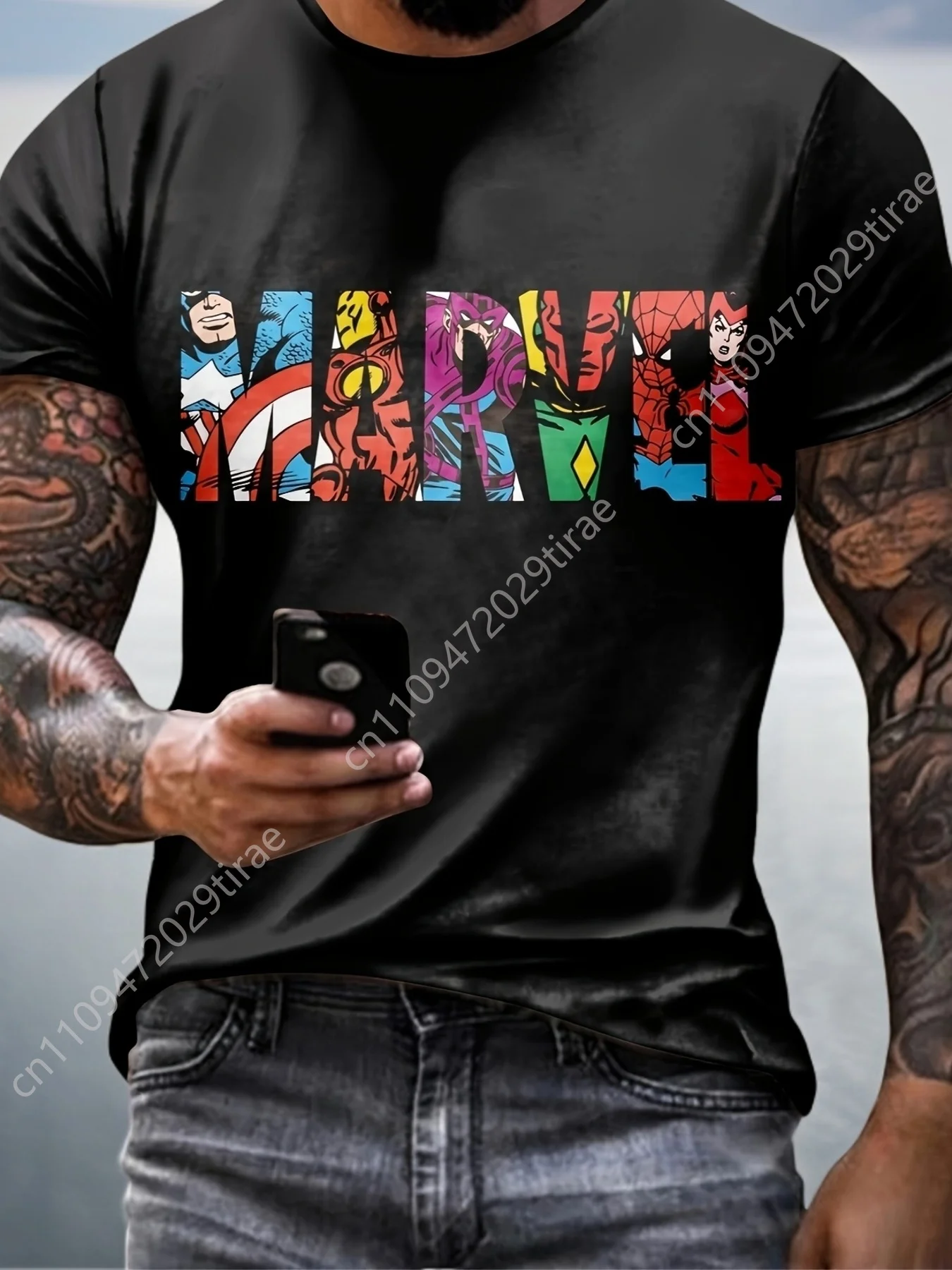 

Marvel Casual Jerseys Marvel Crew Neck Manga Corta Anime para Hombres Transferencia de Calor Impresión Superhéroe Camiseta