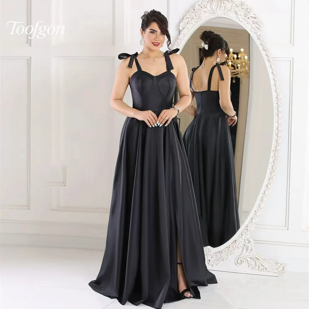 

Toofgon Black Sweetheart Satin Prom Dress Bow Straps Long A line Formal Evening Dress Customized Party Dress Vestido De Noiva
