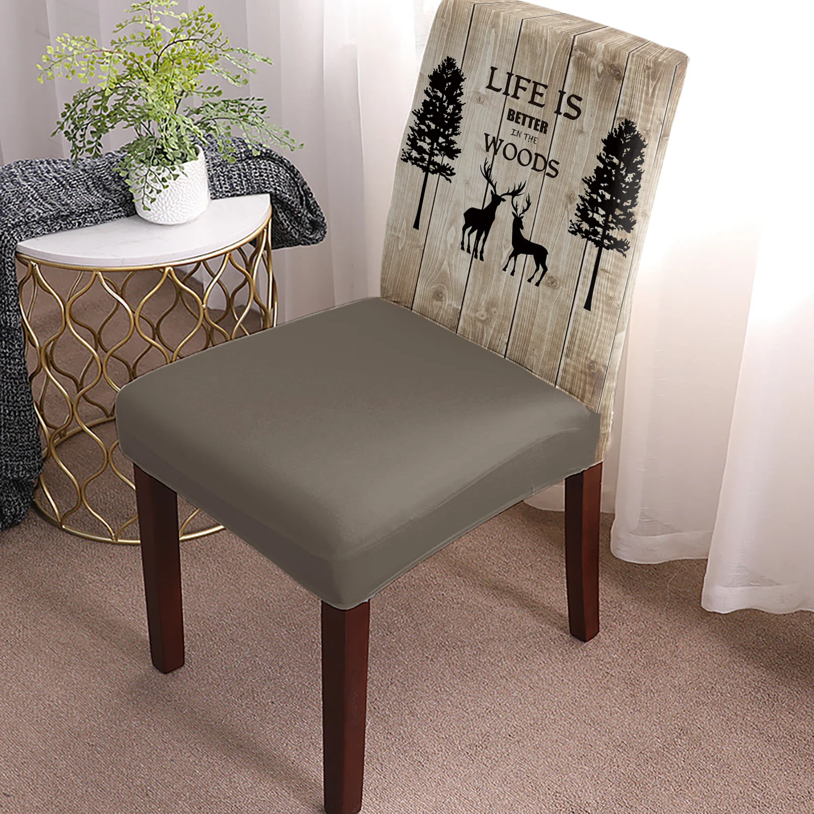 Wood Grain Deer Pine Tree Silhouette Chair Cover Stretch Elastic Dining Room Chair Slipcover Spandex Case for Office Chair