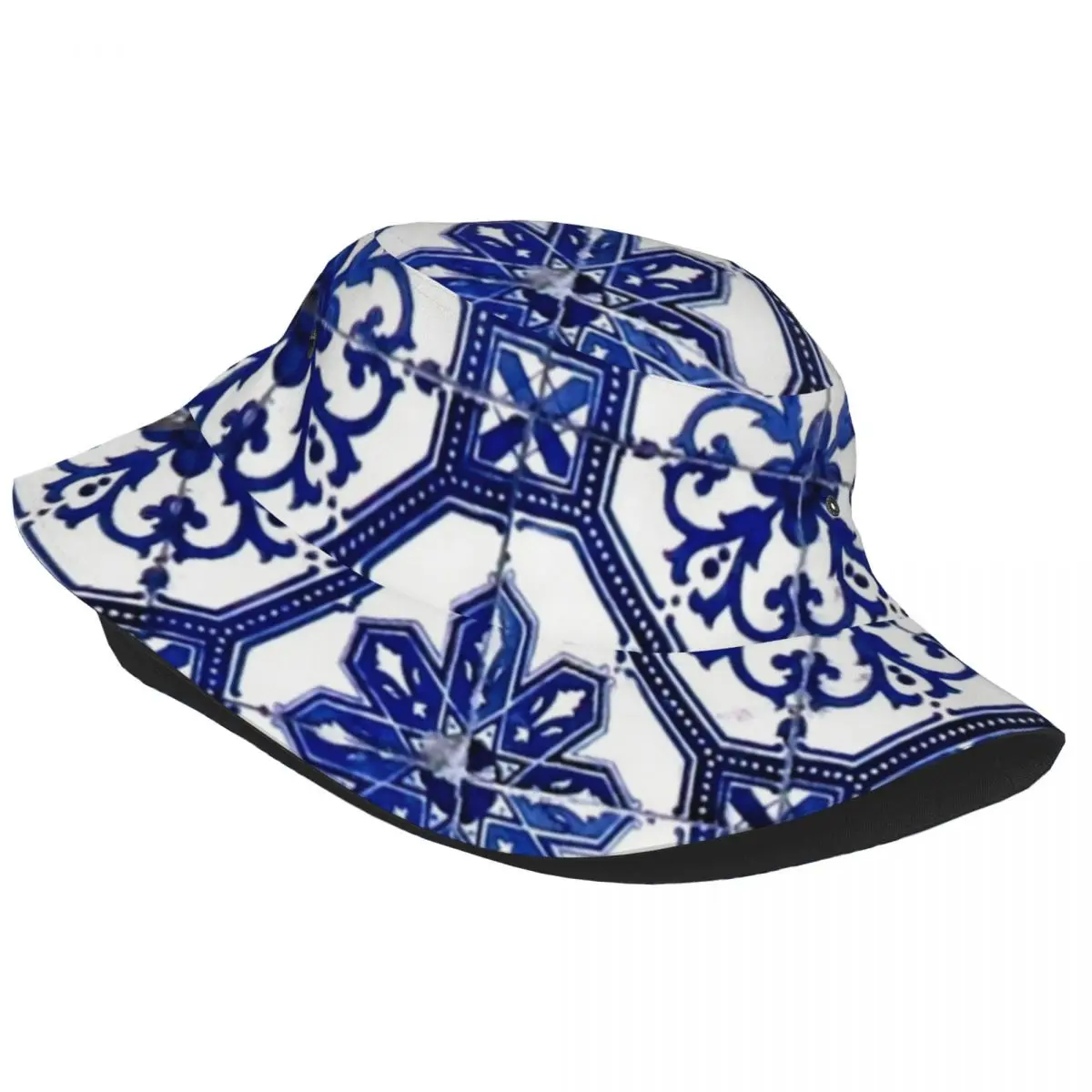 Portuguese Tile Bucket Hat Blue and White Hip Hop Fisherman Caps For Men Women Travel Hiking Sun Hats Foldable Printed Cap