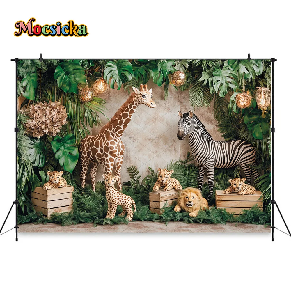 Mocsicka Safari Baby Show Latar Belakang Fotografi Jerapah Singa Hutan Tropis Latar Belakang Hijau Studio Foto Pesta Ulang Tahun Pertama Anak