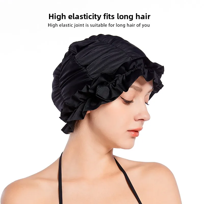 

Ретро-шапочка для плавания из черного кружева, эластичная, для большой головы, для длинных волос, без давления на голову, для горячих источников, женская, однотонная