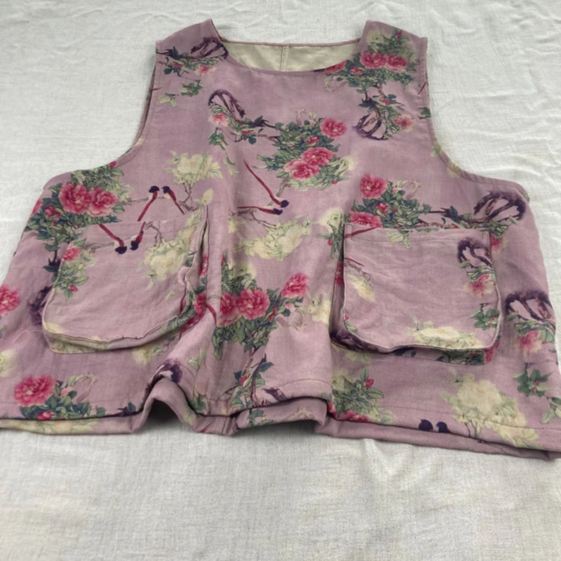 

Women Cotton Linen Casual Vests New 2025 Autumn Vintage Style Floral Print Double Pockets Female Sleeveless Pullovers M2132