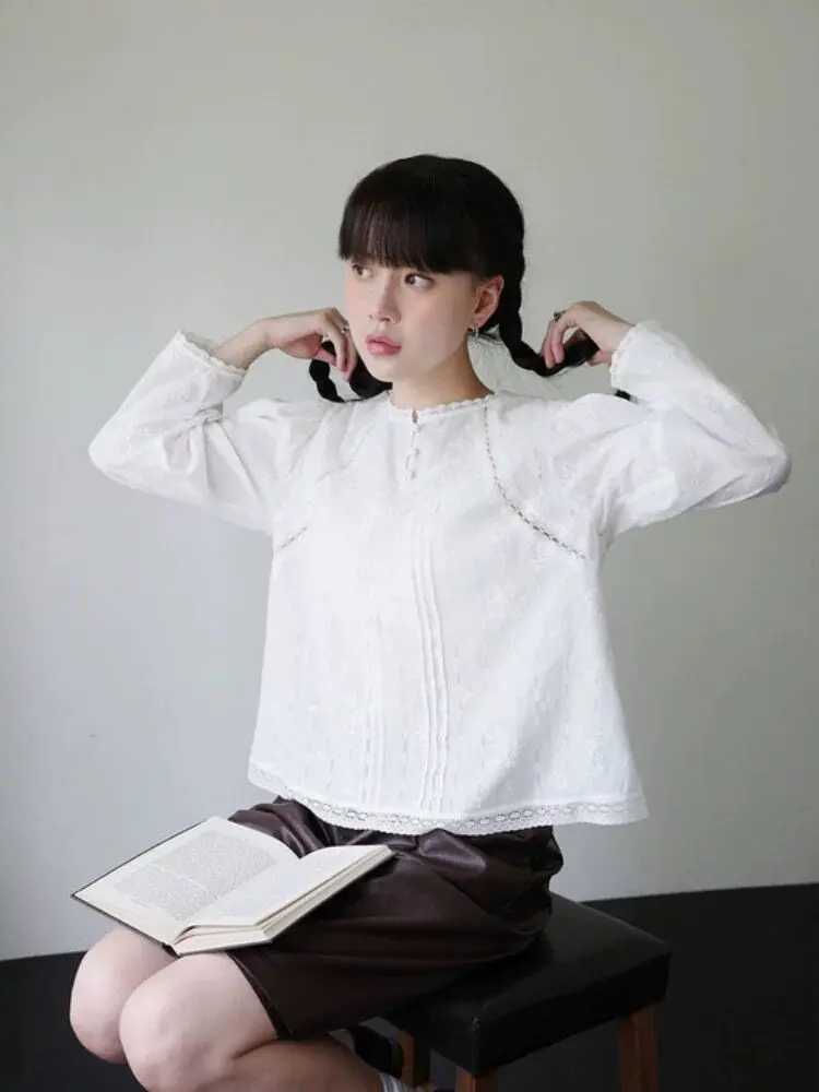 

Casual Style round Neck Embroidered Loose Breathable Slimming Summer New Arrival Korean Version Women's Cotton Shirt