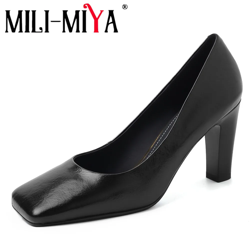 MILI-MIYA Women’s Plain-Coloured Calfskin High-Heeled Shoes With Square Heels And Open-Toe Design Available In Larger Sizes