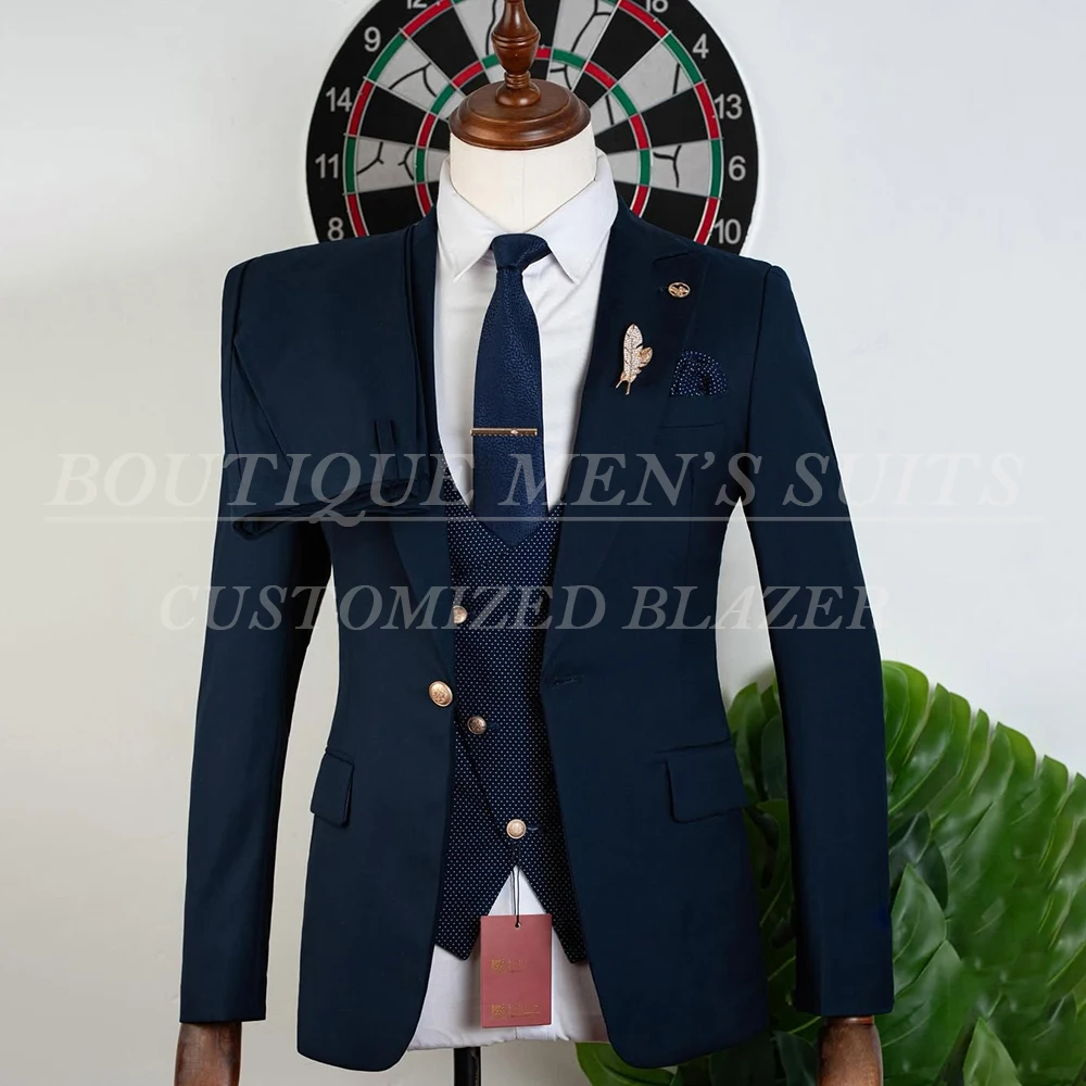 

Men's Suits 3 Piece Jacket Pants Vest Formal Navy Blue One-Button Peak Lapel Slim Fit 3 Piece Jacket Pants Vest Male Clothing