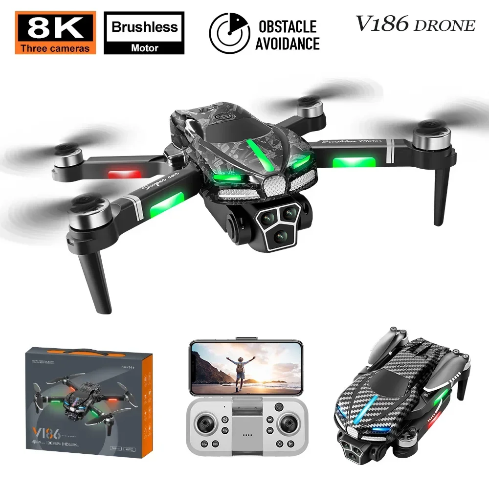 

2024 New V186 8K Three Camera Professional Drone FPV Brushless Obstacle Avoidance RC Helicopter Folding Four Axis Aircraf