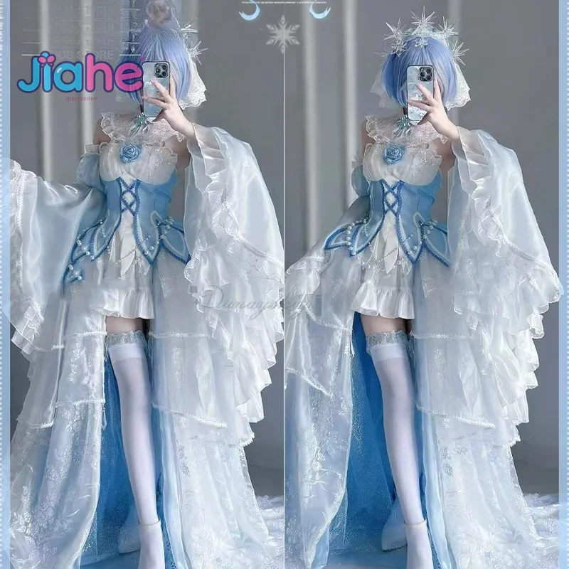 

Аниме Re: Zero Ramu, платье с кристаллами, карнавальный костюм, свадебное платье со шлейфом, головной убор с кристаллами, парик для женщин и девочек, униформа на Хэллоуин