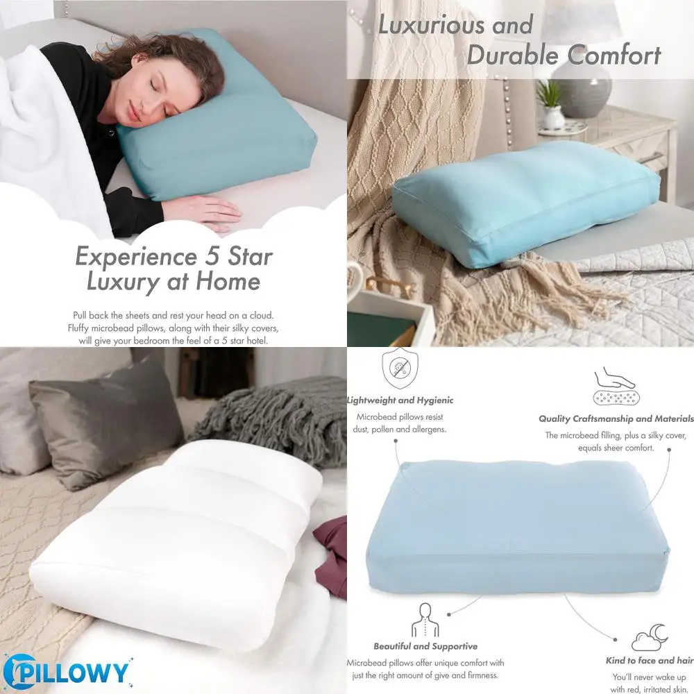

Luxury Microbead Pillow - Large, Extra Supportive, Silky Anti-Aging Cover, Breathable, Cooling Sweet Baby Blue
