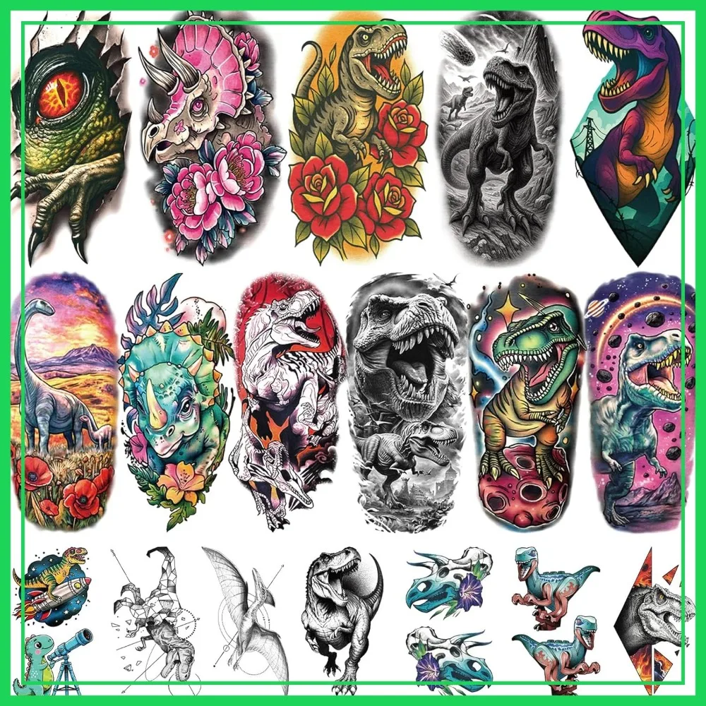 

77PCS Dinosaur Tattoos, 17 Large Dino T-Rex Triceratops Temporary Tattoos, 60PCS Tyrannosaurus Fake Tattoos Sleeve for Cosplay Birthday Party Favors