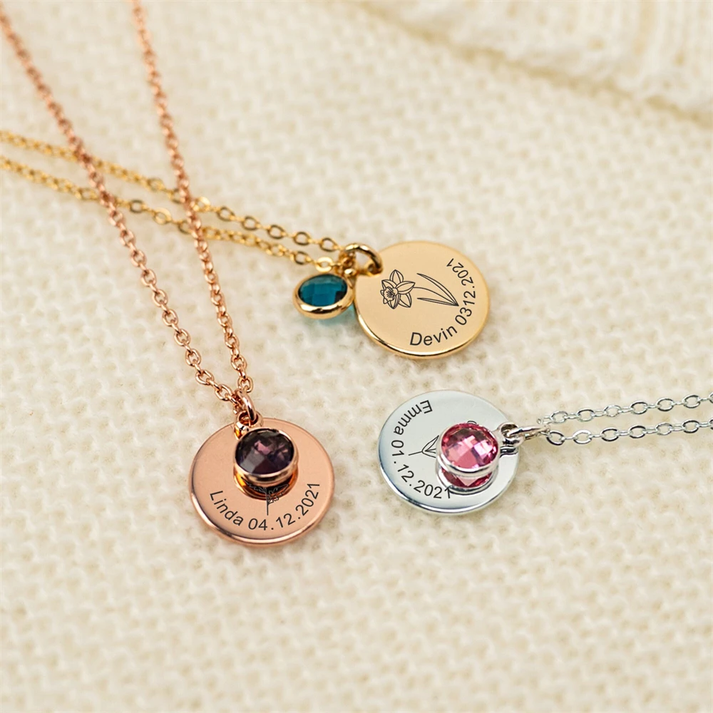 

Custom Birthflower Necklaces Fashion Geometric Round Pendant Stainless Steel Necklace For Girls Customized Birthstone Necklaces