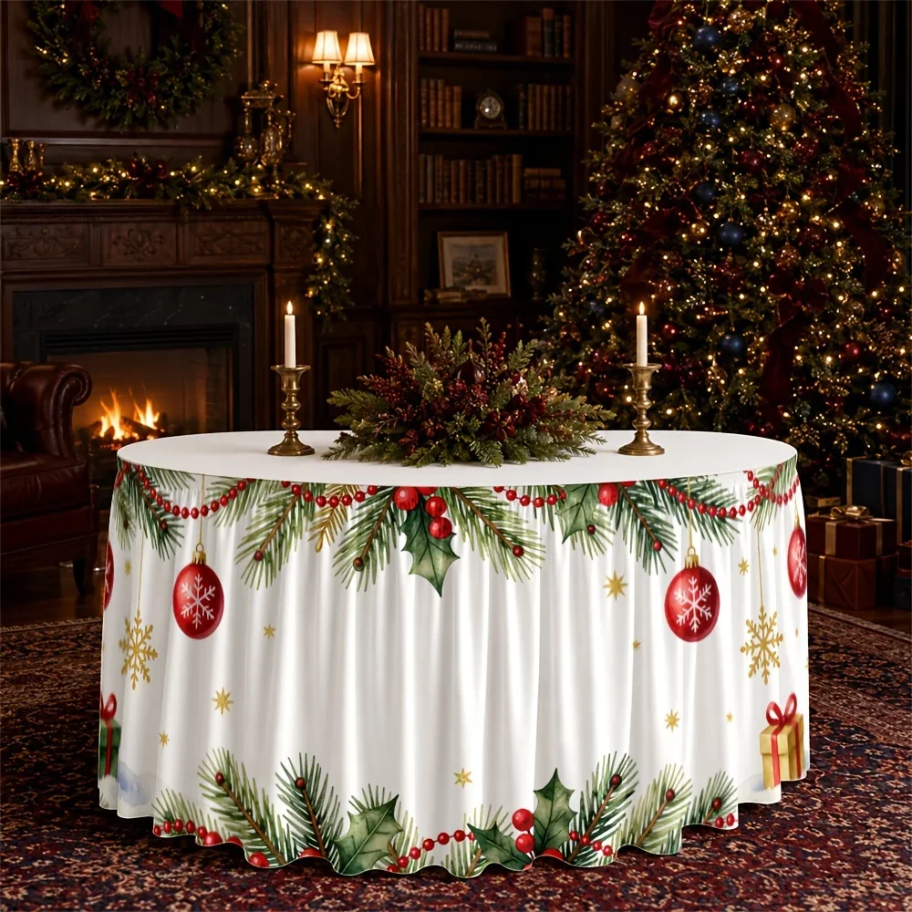1 tablecloth, Christmas pine wreath, red decoration, golden snowflake gift box, polyester, festival, elegant, traditional
