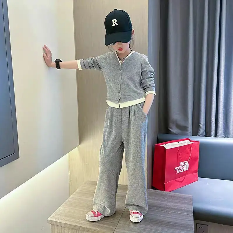 2026 autumn  kids Girls Clothes Suit Child sweatshirt SLIM crop top V-NECK + wide leg LOOSE pant Tracksuit 4 8 10 11 12 14 year