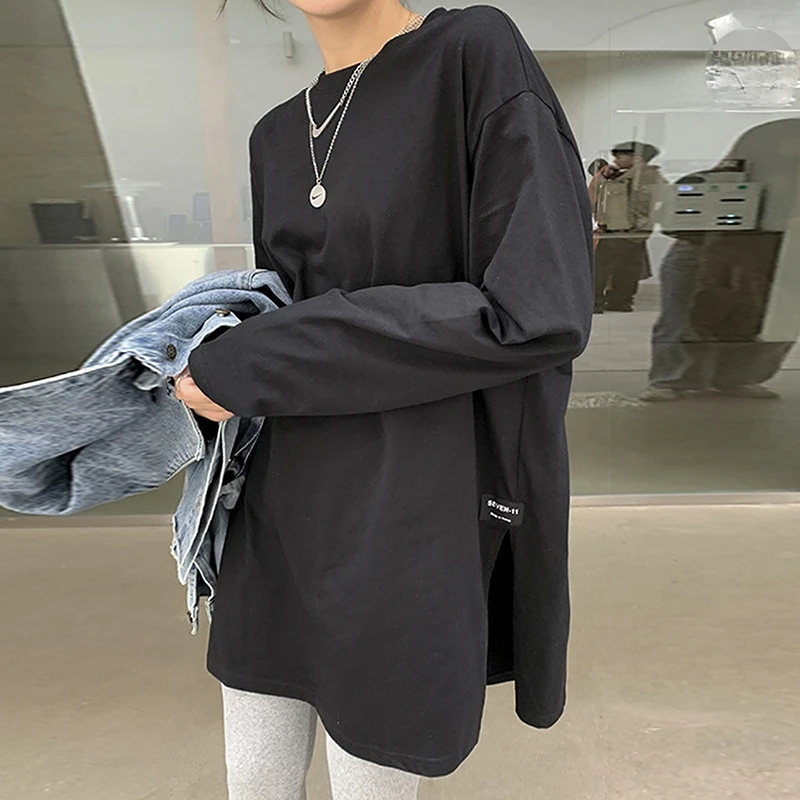 Casual White Long Sleeve T-shirt Women's Spring Autumn New Fashion Korean Version Solid Side Split Top Loose O Neck Black Tees