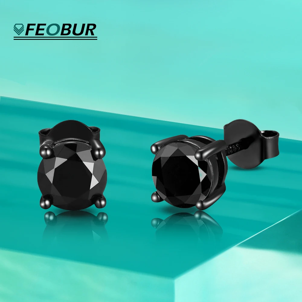 

FEOBUR 0.5-1CT Black Moissanite Stud Earrings for Men Women S925 Sterling Silver Round Cut Black Diamond Earring Hiphop Jewelry