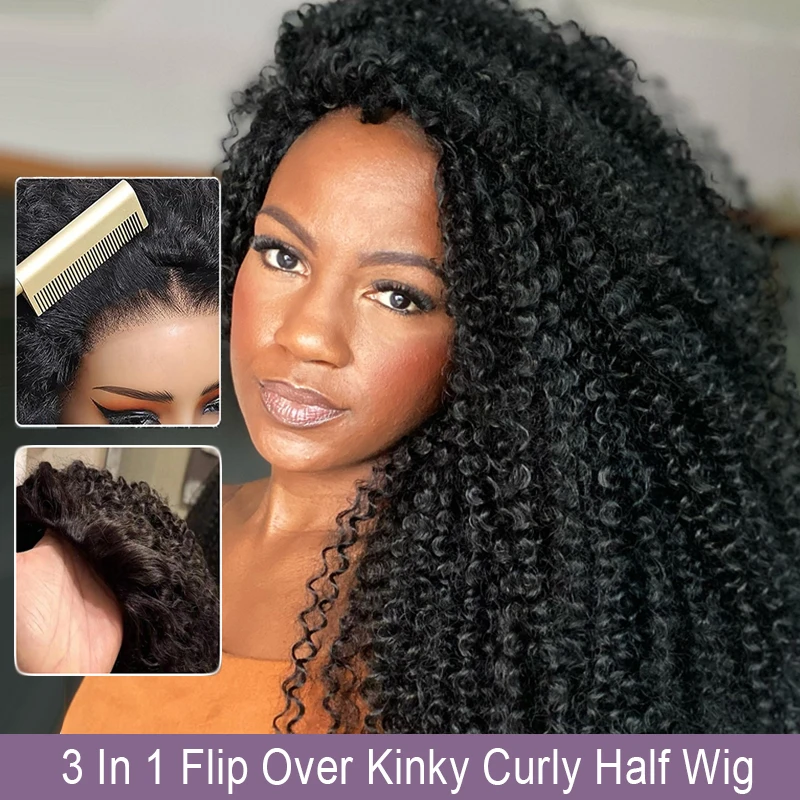 

Half Head Wig Wear and Go Drawstring Flip Over Glueless Kinky Curly Human Hair Curly Raw Hair Wigs Deep Wave Water Wave Half Wig