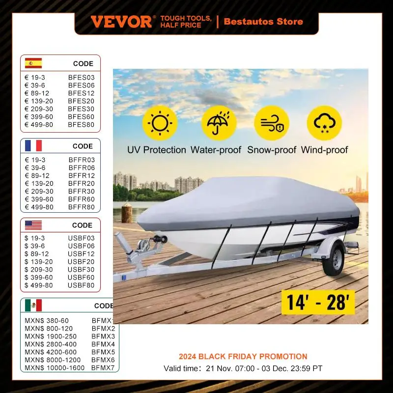 VEVOR 14-28 FT Boat Cover Waterproof 3 Layer Oxford Fabric All-Season Protection With Storage Bag and 5Pcs Adjustable Straps