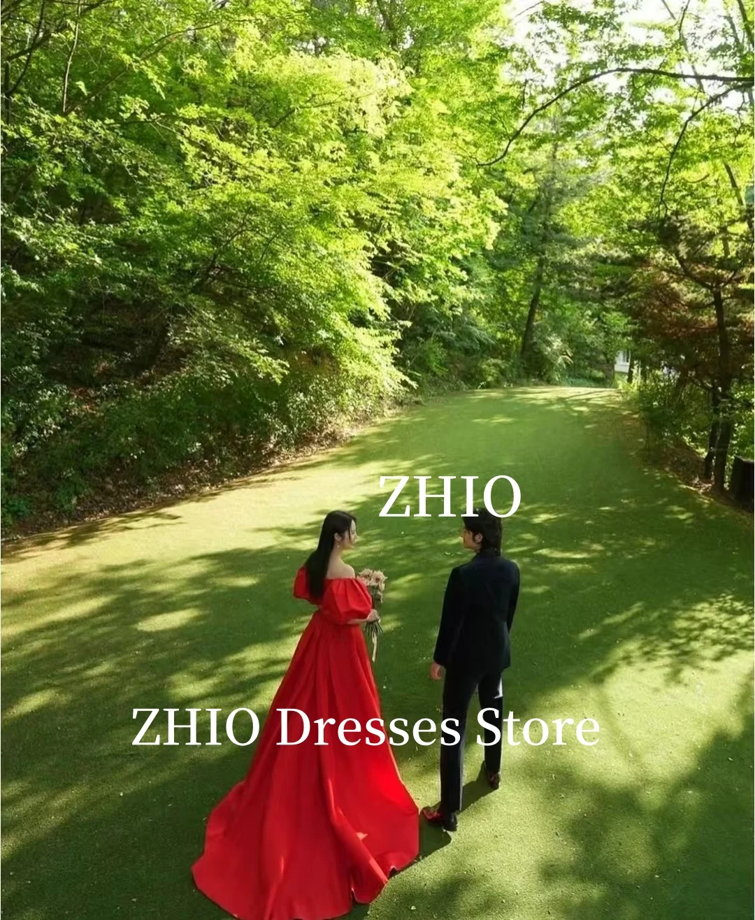 ZHIO Elegantes rotes Hochzeitskleid, A-Linie, Puffärmel, bodenlang, Sweep-Zug, Falten, Brautkleid, Korea, Fotoshooting, individuell gestaltet