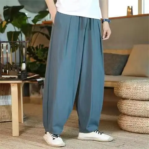 春夏のゆったりとしたワイドレッグブルマ、新作綿麻素材、メンズカジュアル、中国風リネン、仏教徒の服、ズボン