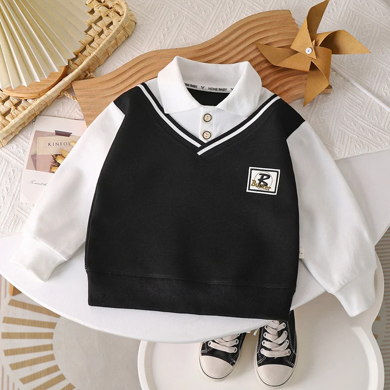 Polo Kids Boys Fake Two Piece Knit Sweatshirt School Kids Polo Shirt Colour Blocking Handsome V-neck Boys Shirts