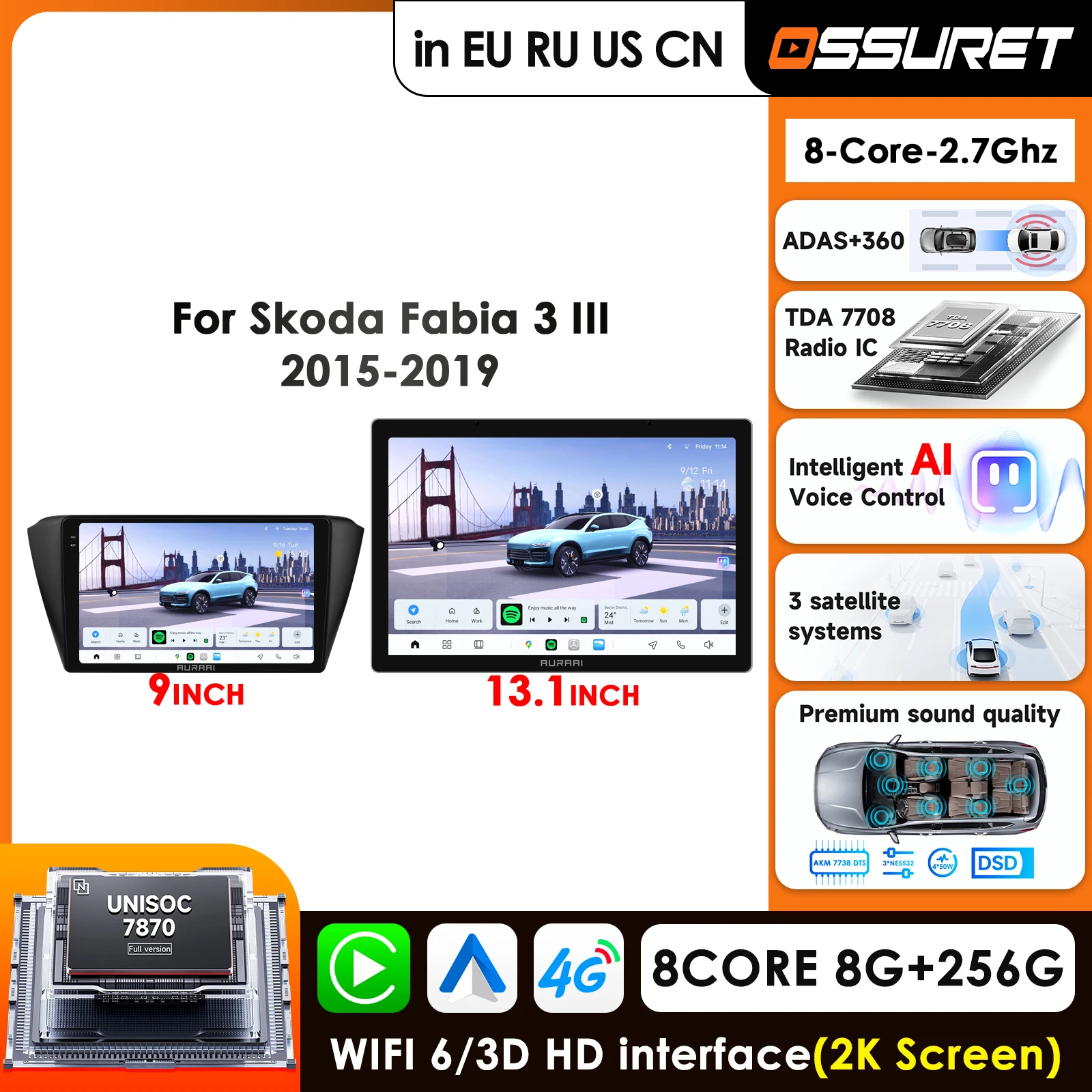 

9 Inch 2K Display Screen 4G-LTE Carplay Car Radio for Skoda Fabia 3 III 2015 - 2018 GPS DSP WIFI Autoradio Stereo 360° ADAS Cam