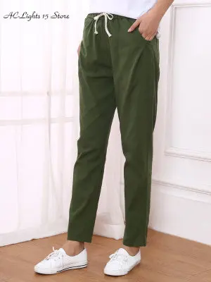 Cotton Linen Pants for Women 2023 Spring Candy Color Lace Up Elastic Waist Trousers Women's Joggers New Calf Length Pencil Pants