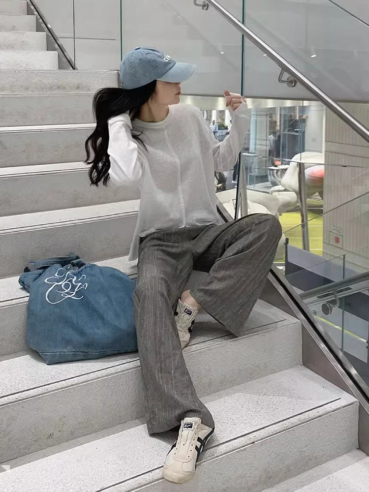 Femmes rides jambe large pantalons décontractés printemps été taille haute ample droite léger respirant pantalon