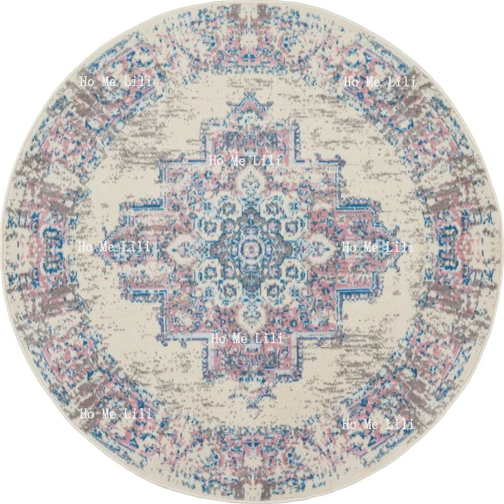 Persian Center Medallion Ivory Pink Round Area Rug Flannel Carpet For Livingroom Bedroom Decorative