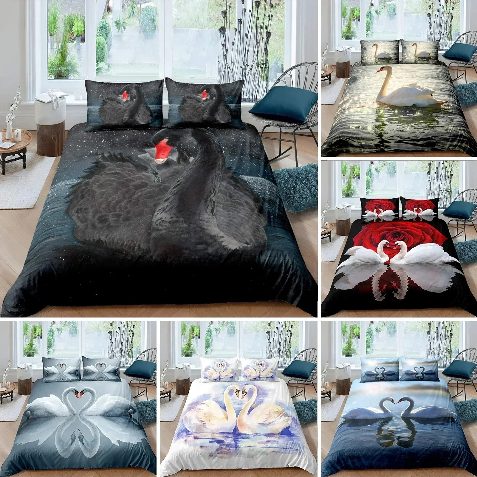 Top Swan Duvet Cover Black and White Swan Bedding Set Boys Girls Twin Queen Size Pillowcase Bed Kids Adult Fashion Home