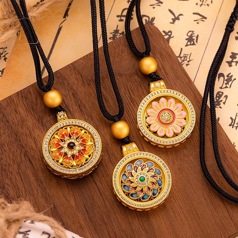 

9999 Real Gold 24K Enamel Color Rotatable Compass Pendant Ancient Flower Silk Burnt Blue Compass Retro Black Rope Chain Pendant