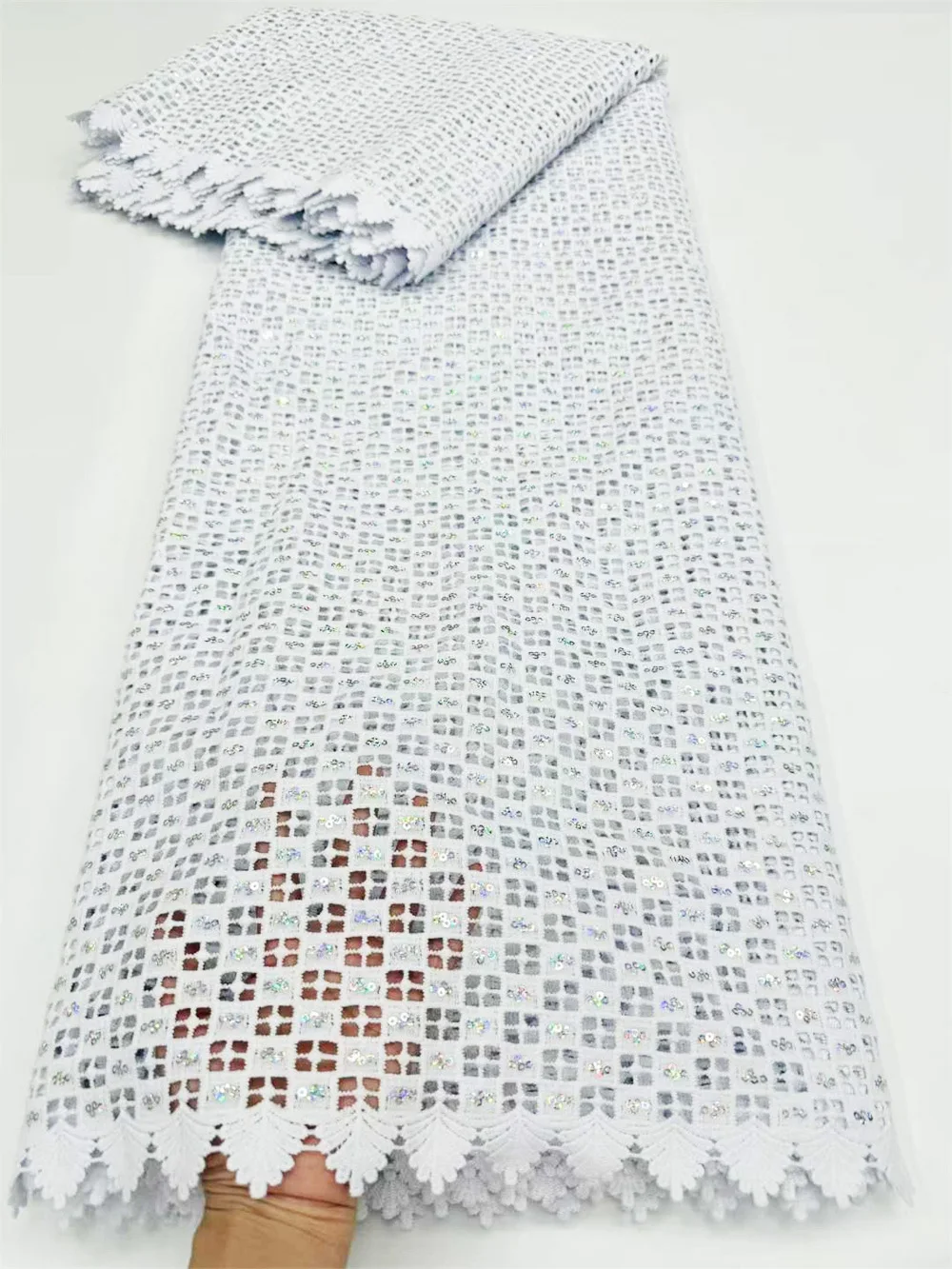 

Allover Metallic Lurex Guipure Lace White Silk Sequins Embroidered Newest Tulle luxury Nigeria Water Soluble Cloth CO1115