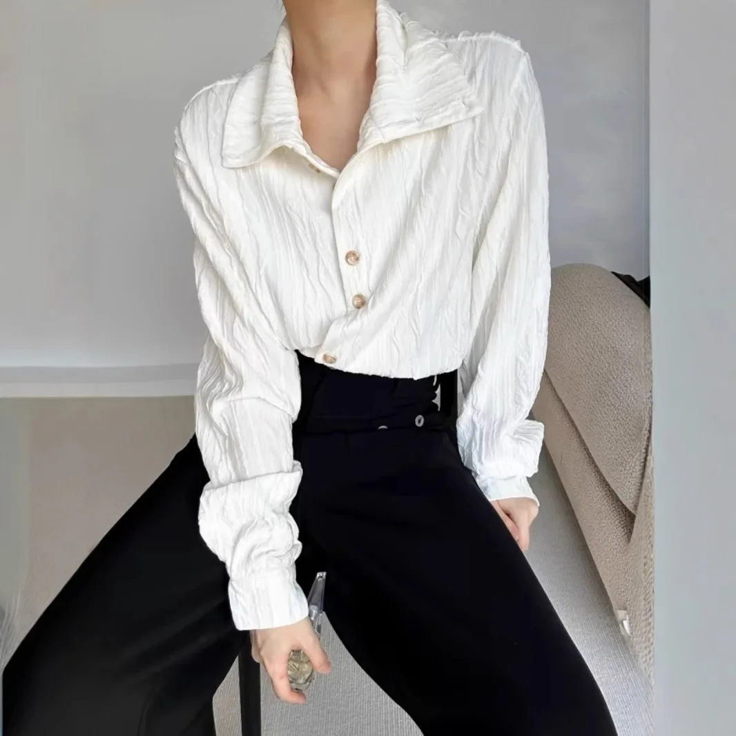 Unisex Casual Shirts 2025 New French Chic Cleanfit Shirt Stand Collar Ruched Design Retro Texture Long Sleeve Elegant Casual Top