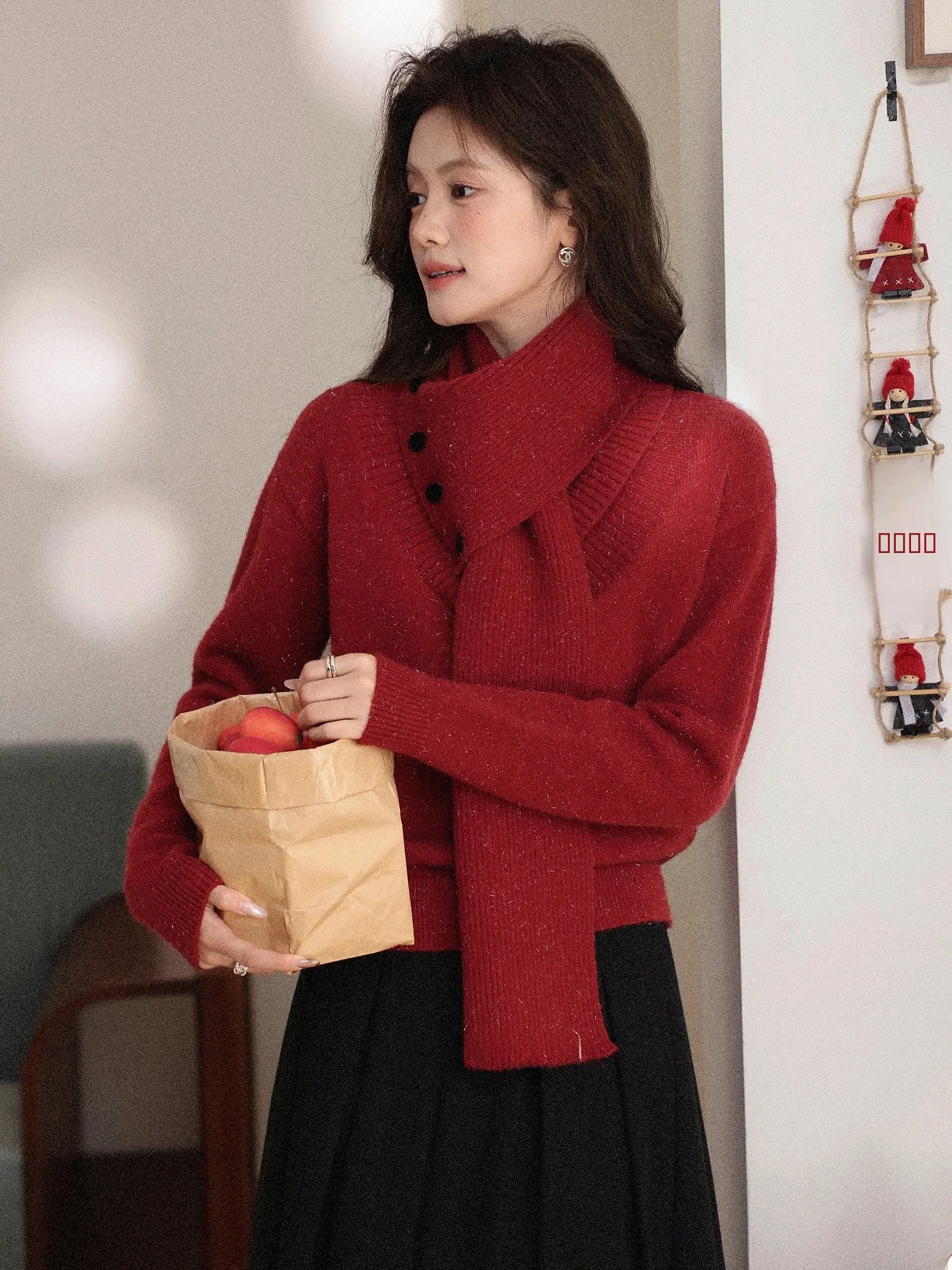 

Cisas Red Knitted Loose ort Sweater Women's Autumn Winter Casual Sle V-Ne Long Sve Top Ele Faion Online Ex...