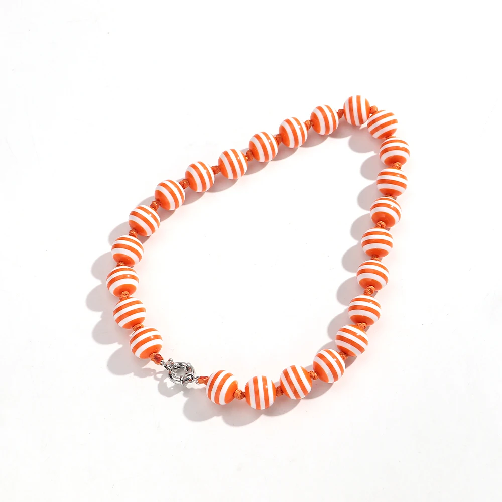 Modische, bunte, gestreifte, runde Perlen, handgefertigte Halskette mit Knoten, geometrische Acryl-Kugelperlen, Choker-Halsketten, neue Schmuckgeschenke – Detail 10