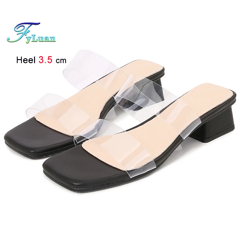 

Модная летняя черная женская обувь среднего размера 3,5 см, шлепанцы с прозрачным верхом, тапочки на массивном каблуке, сандалии с квадратной головкой, пляжная обувь