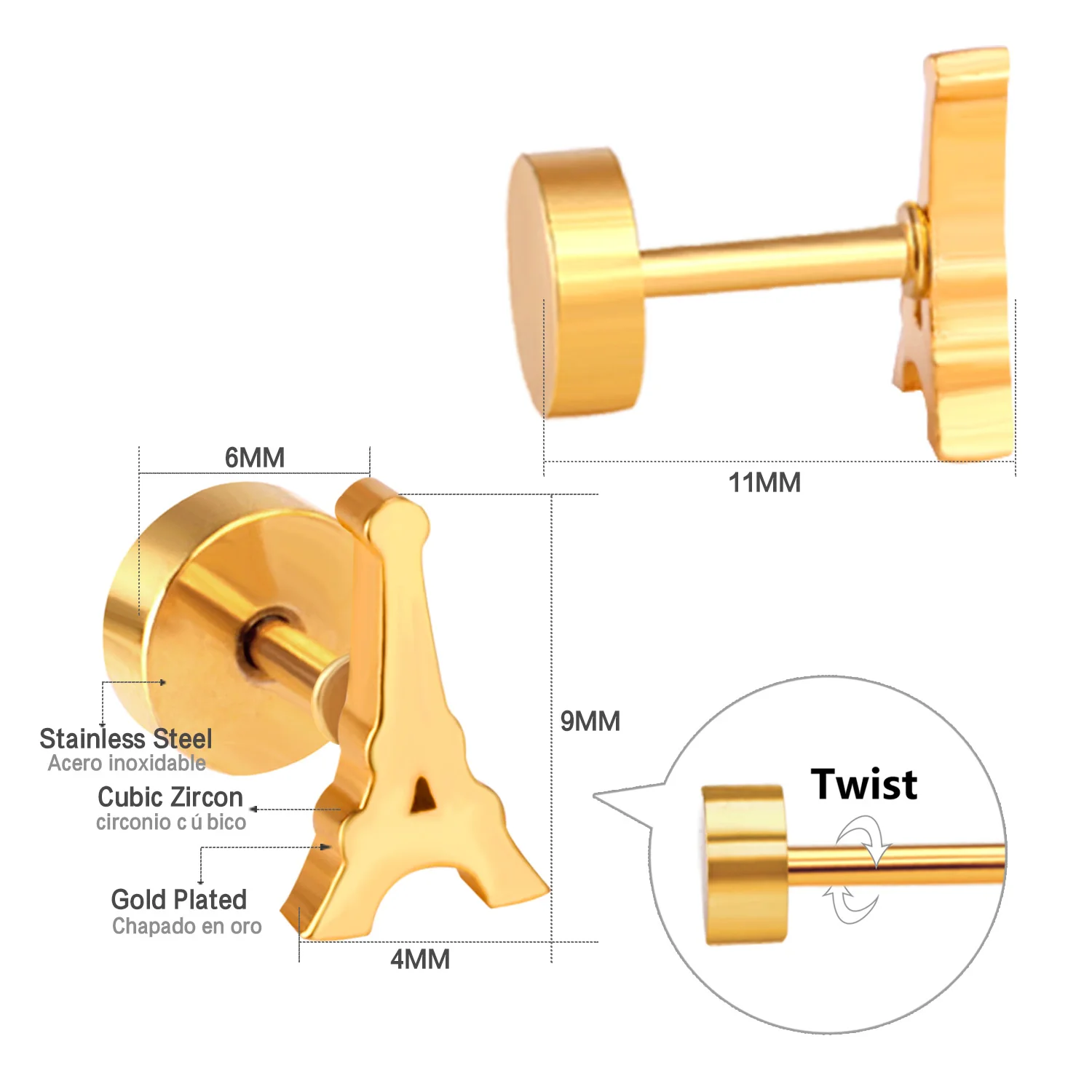 Wholesale 3 Pairs Stainless Steel Eiffel Tower Screw Back Stud Earrings Gold Bulk Piercing Jewelry Set